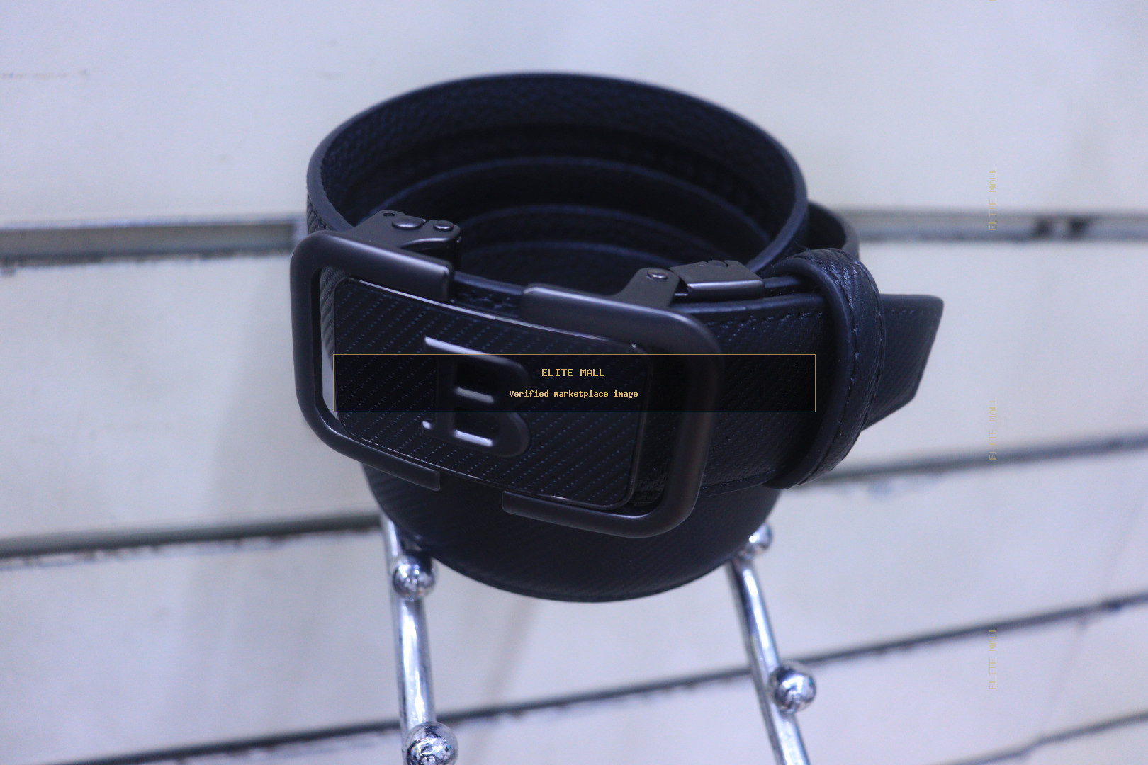 Black Textured Leather Belt with B Buckle