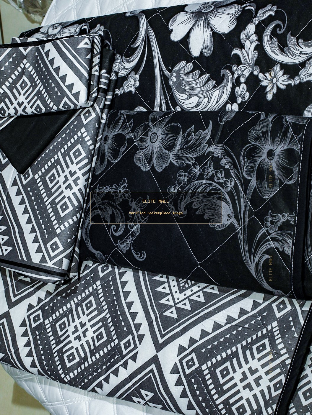 Black Grey Floral Patchwork Quilt Set