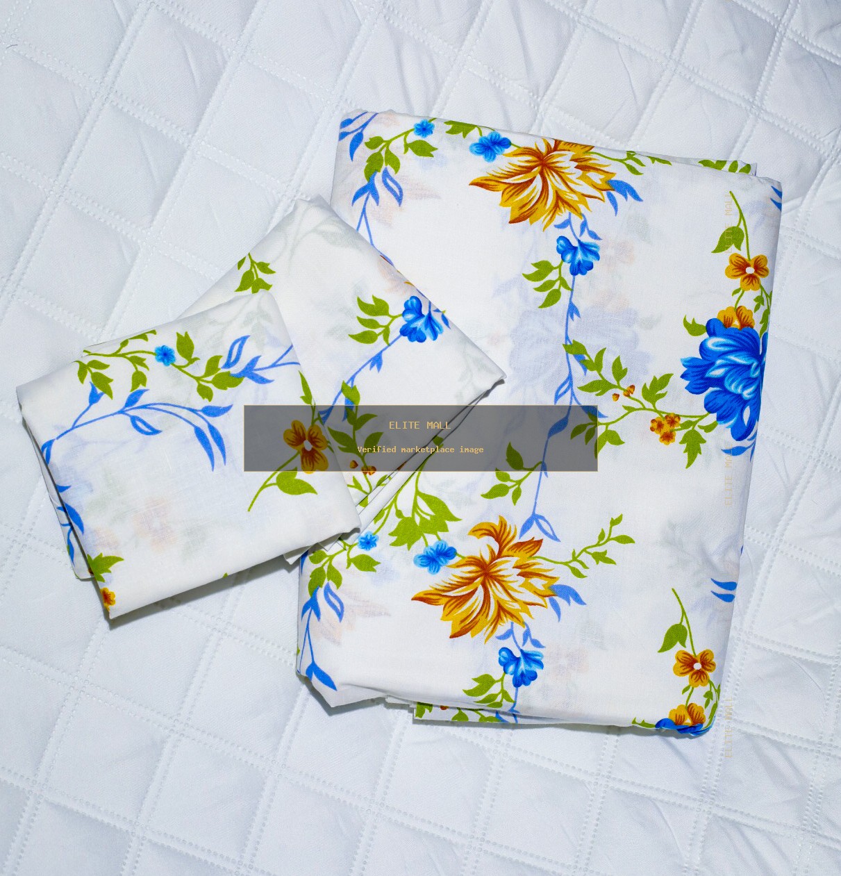 Blue and Mustard Floral Bed Sheet Set - Alternate View