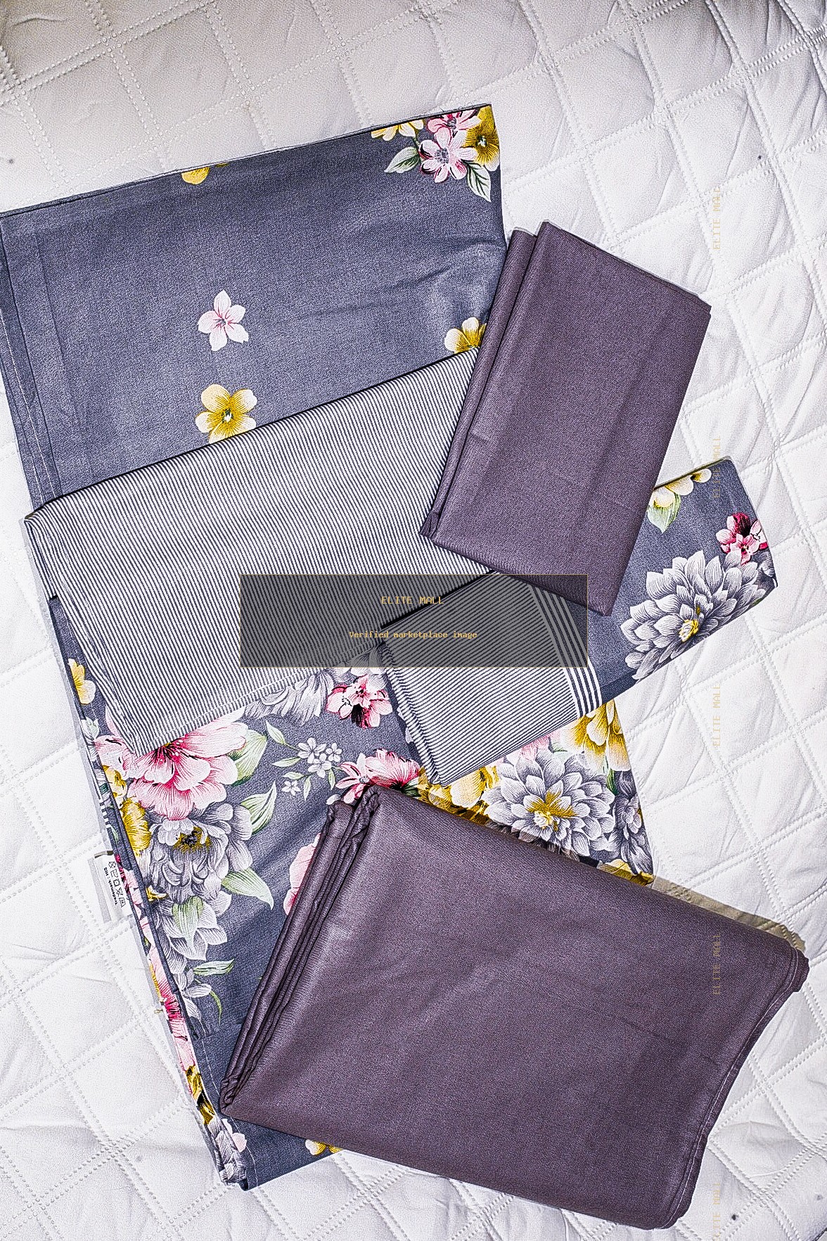 Grey Floral Border Bed Sheet Set
