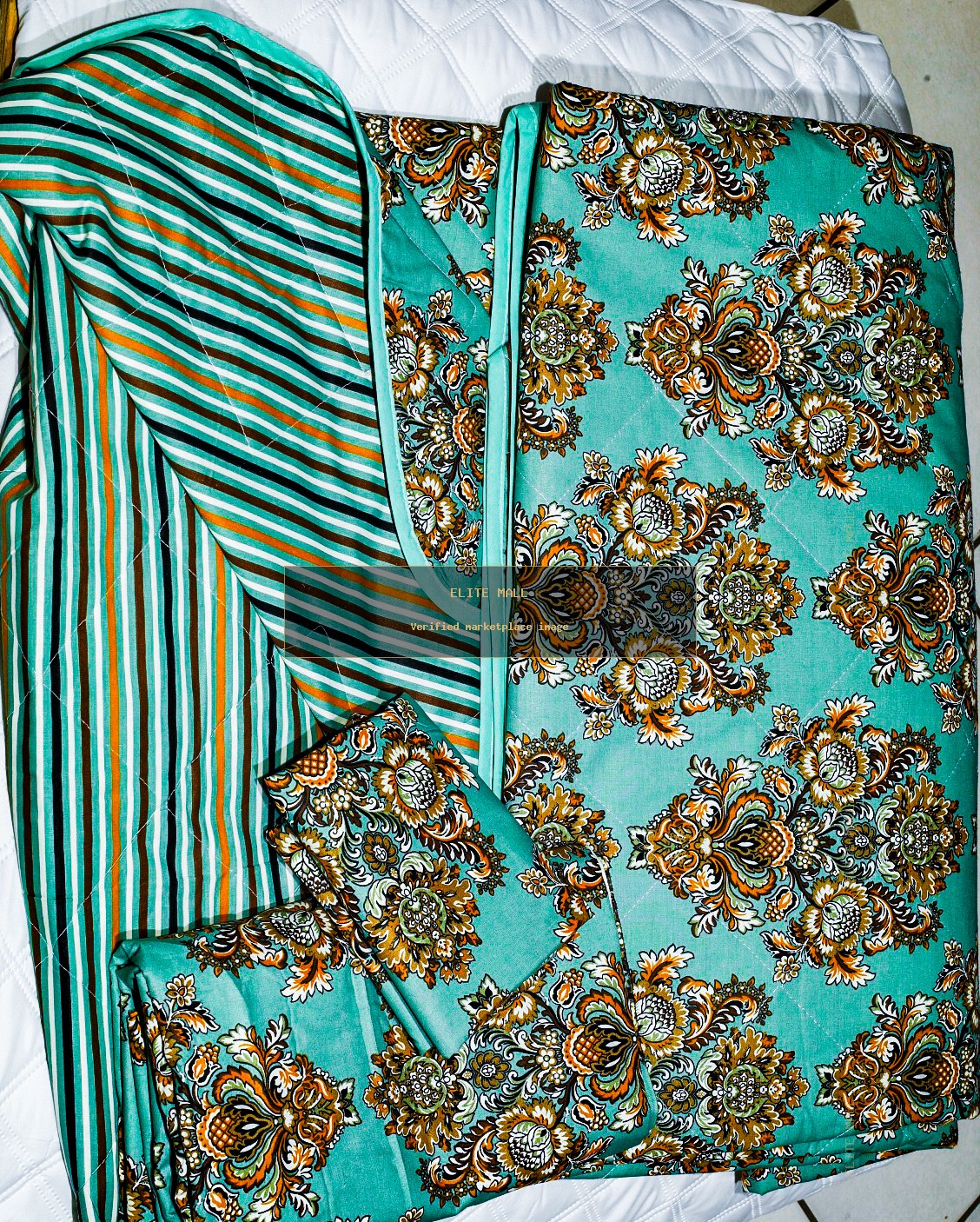 Teal Gold Ornamental Quilt Set